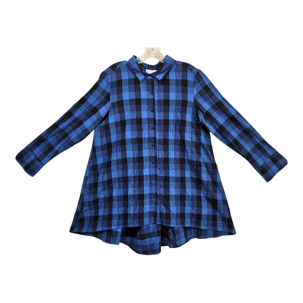 HABITAT Women's S Tunic Blouse Button Up Blue Black Buffalo Check Textured 40"